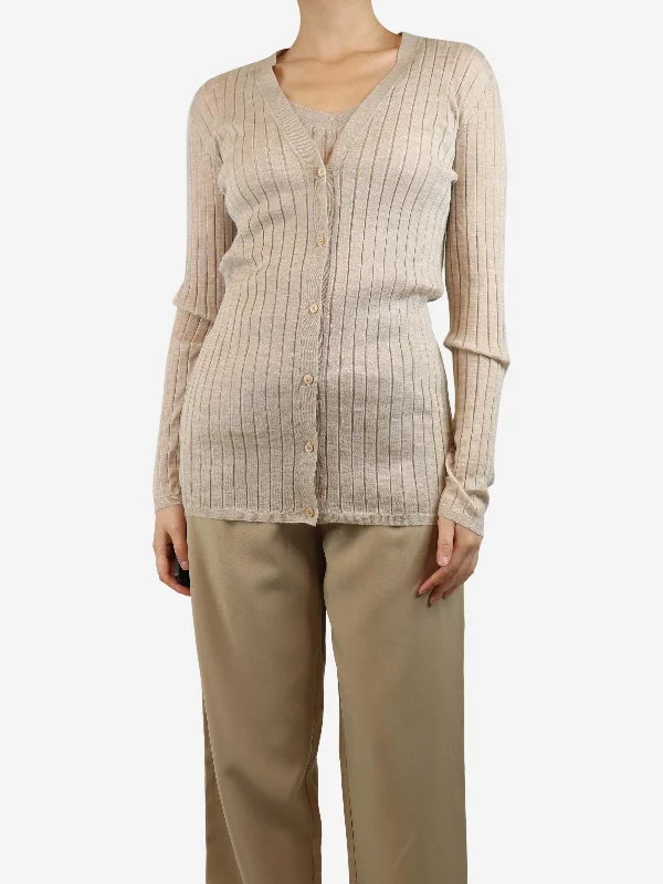 Neutral ribbed cashmere top and cardigan set - size UK 10