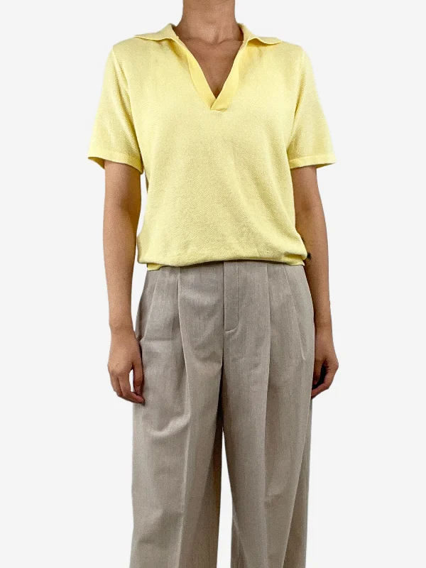 Yellow open-collar cotton-blend polo top - size S