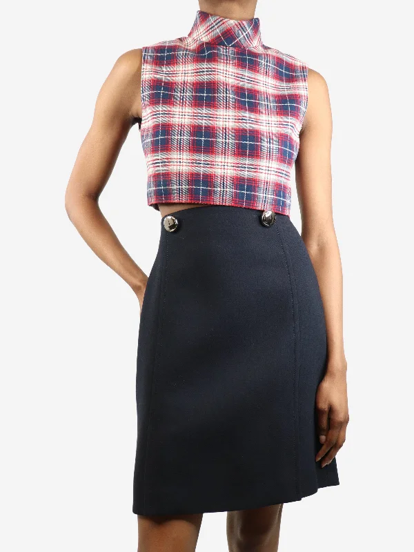 Red high-neck check cropped top - size UK 8