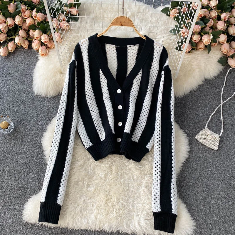 Simple striped long-sleeved short cardigan sweater  008