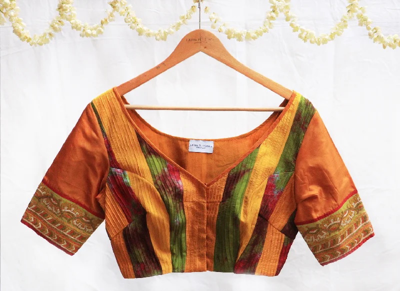 Yellow, Mustard and green,Karntaka silk ,embroidery , Patchwork and Pintuck blouse