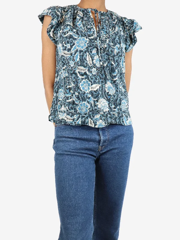 Blue floral short-sleeved blouse - size UK 6