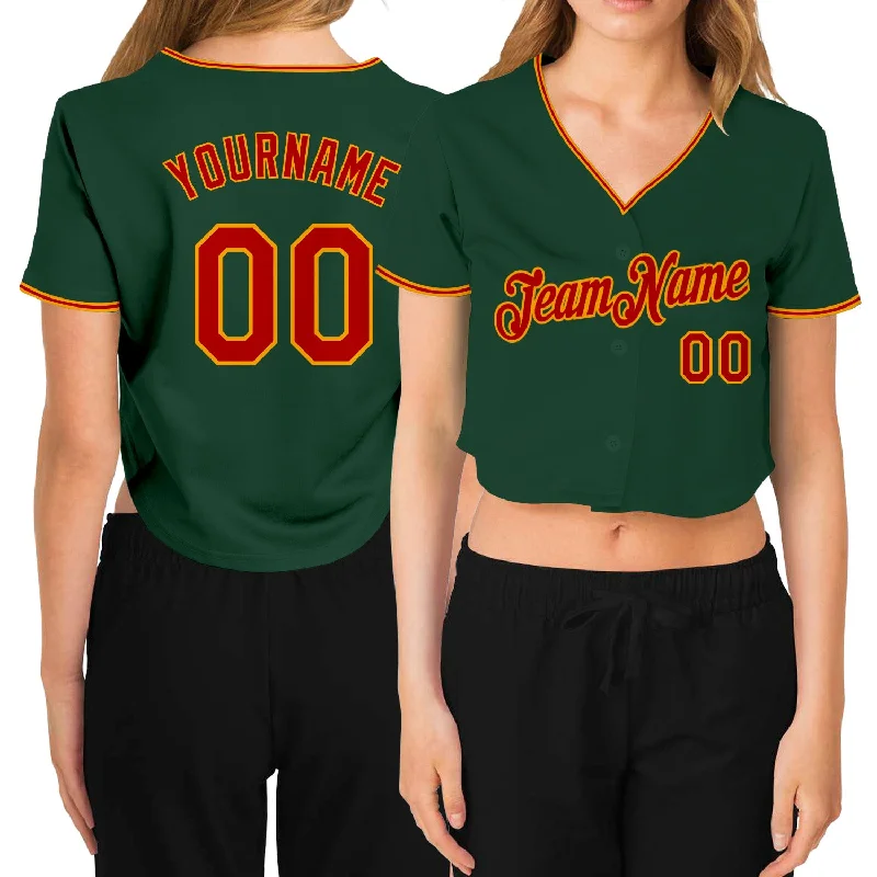 Custom Women's Green Red-Gold V-Neck Cropped Baseball Jersey