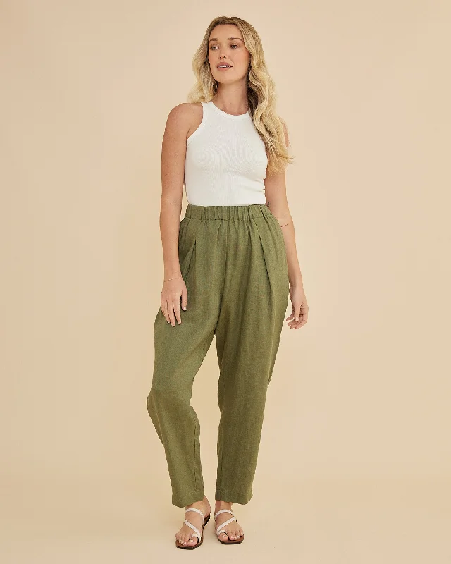 Carter Elasticated Linen Pant - Olive