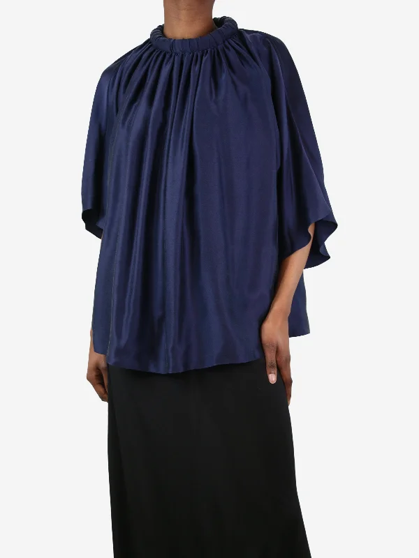 Dark blue silk round-neck top - size UK 8