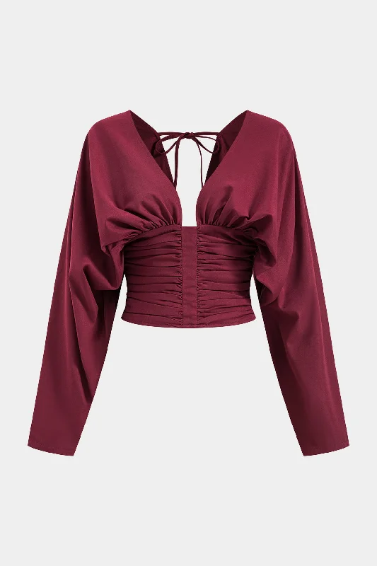 Ruched Backless Tie Back Long-Sleeve Shirt