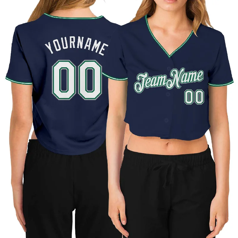 Custom Women's Navy White Kelly Green-Gray V-Neck Cropped Baseball Jersey