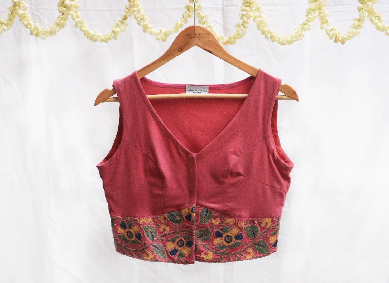 Strechable Mulberry pink, Hand painted Kalamkari, Applique blouse.