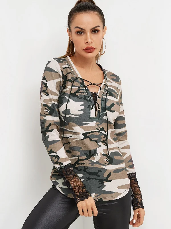 Custom V-Neck Lace Lace-Up Long Sleeve Curved Hem Camo Top