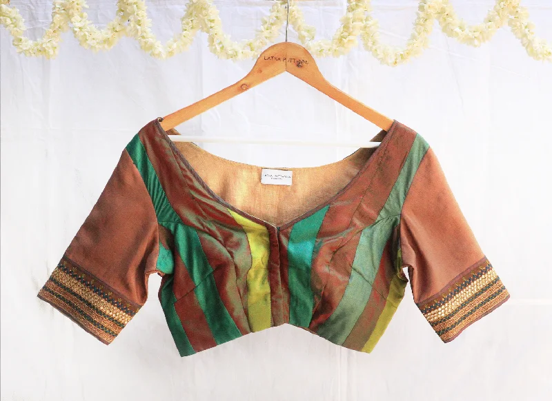 Brown, Evergreen and Light green, Karnataka silk ,Hand Embroidery, Patchwork blouse