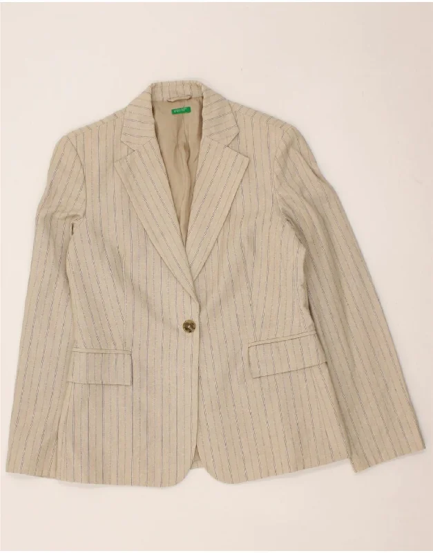 BENETTON Womens 1 Button Blazer Jacket IT 44 Medium Beige Pinstripe Cotton