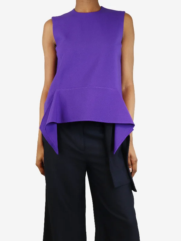 Purple sleeveless ruffled peplum top - size UK 8