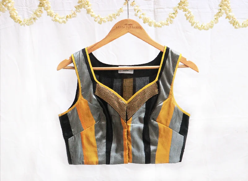 Grey,yellow and black,Karnataka silk, Hand Embroidery ,Patchwork blouse