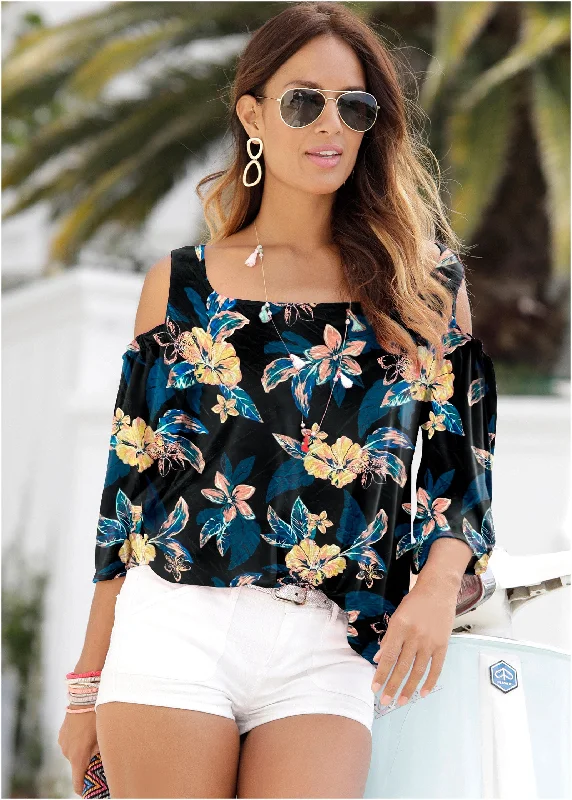 Printed Cold-Shoulder Top - Blue Multi