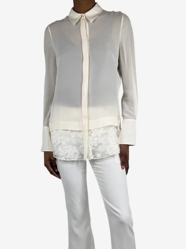 Cream silk lace-trim blouse - size UK 6