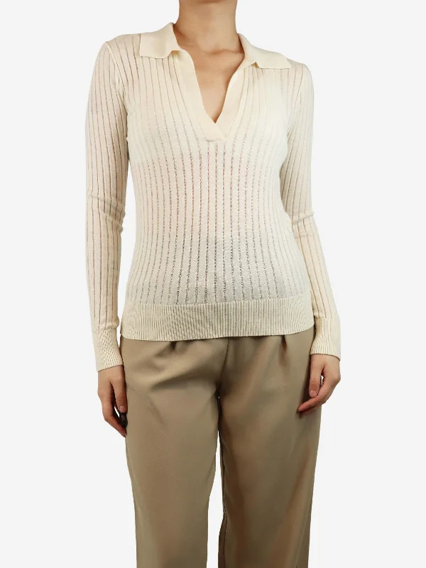 Cream sheer ribbed polo top - size M