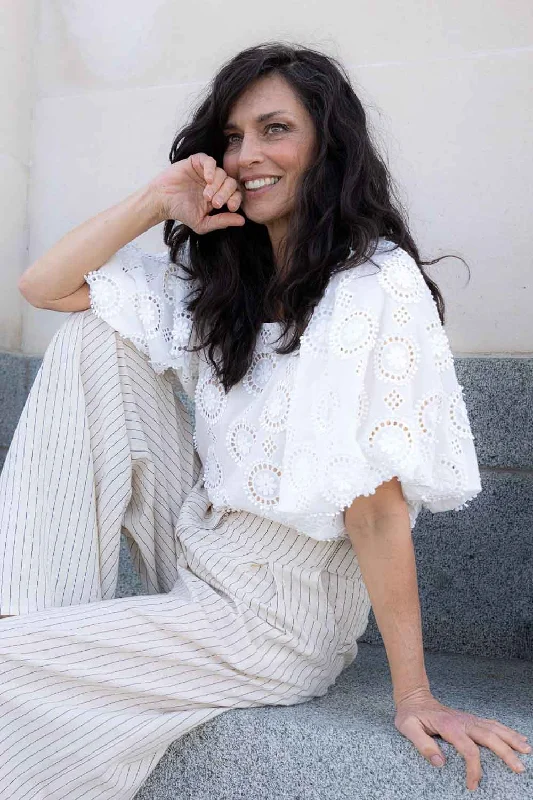 Petal Top Embroidered White Beige Cotton