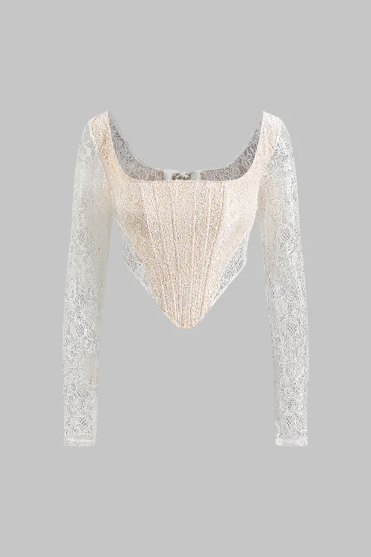 Lace Tie Back Square Neck Sheer Corset Long-Sleeve Top