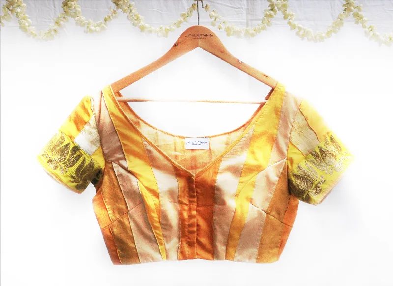 Yellow, Mustard and walnut cream,Karnataka silk ,Hand embroidery ,Patchwork blouse