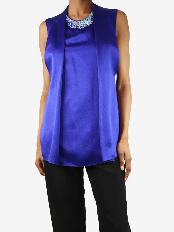 Blue beaded silk top - size UK 4