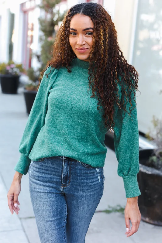 Green Brushed Melange Puff Short Sleeve Sweater