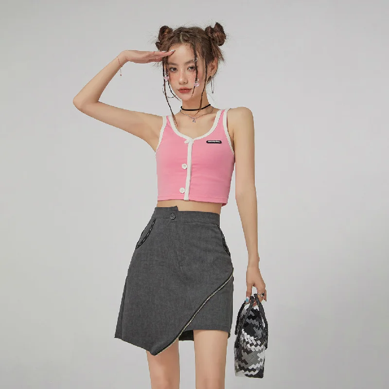 Front Button Crop Sleeveless Top