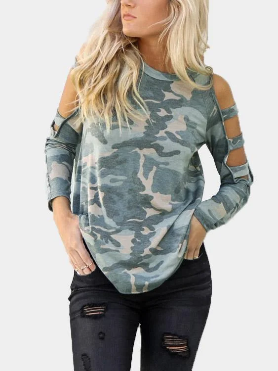 Custom Cold Shoulder Camouflage Cut Out Long Sleeve Green T-Shirts