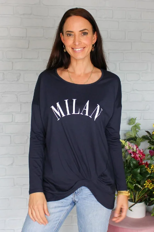 Hailey Long Sleeve Top Navy Milan White