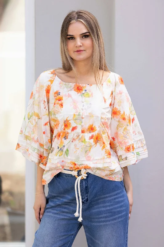 Gerbera Top Peach Linen Cotton