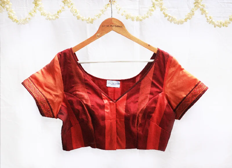 Sangria red,Maroon and orange,Karnataka silk ,Hand Embroidery, Patchwork blouse