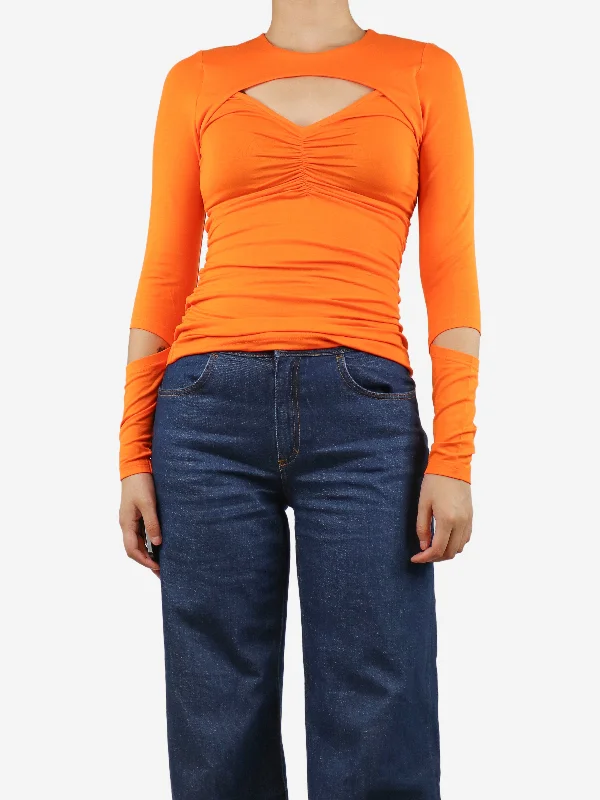 Orange ruched cut-out top - size UK 8