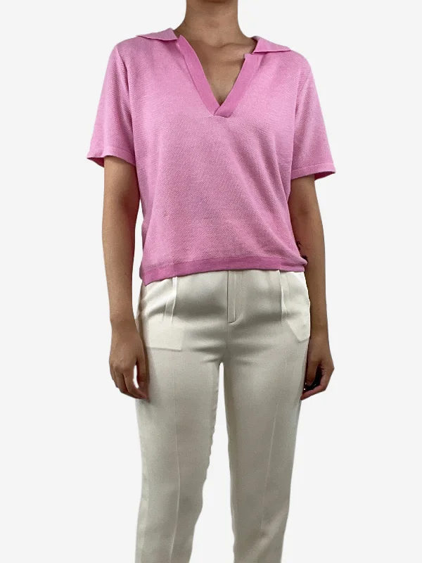 Pink open-collar cotton-blend polo top - size S