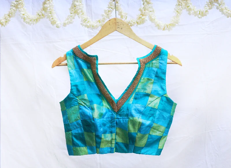 Sky blue, Parrot green and blue, Karnataka silk ,Patchwork blouse