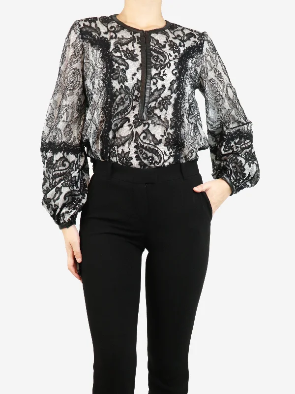 Black zip-up floral lace top - size UK 8