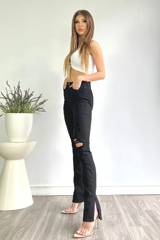 I'm Sprung Black Split Hem Distressed Straight Leg Jeans