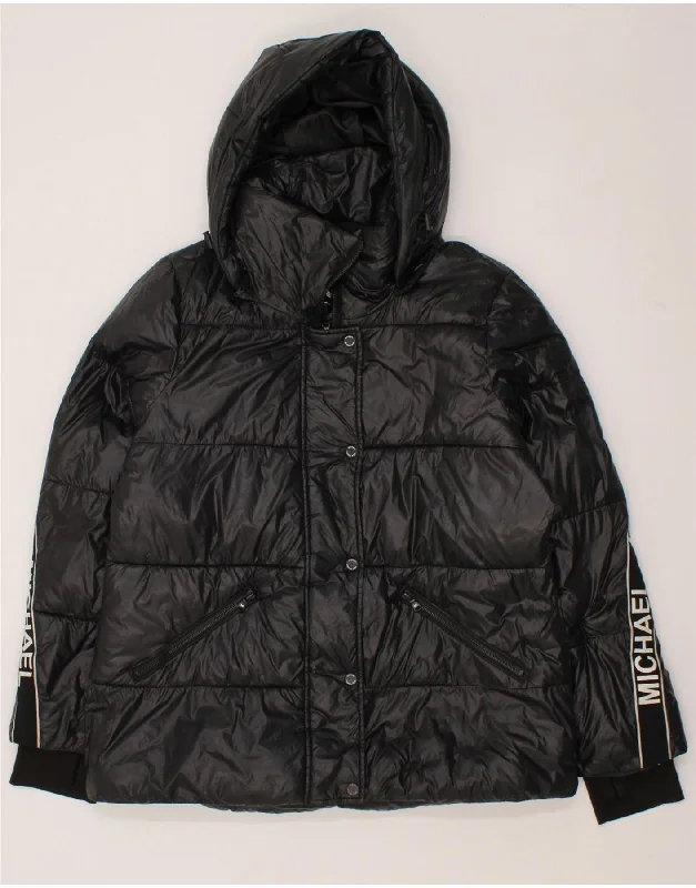 MICHAEL KORS Womens Graphic Hooded Padded Jacket UK 16 Large Black Nylon