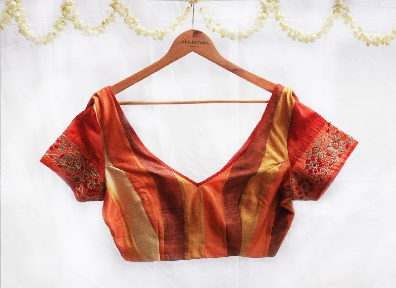 Orange, mustard and brown, Karnataka silk ,Hand Embroidery,Patchwork blouse