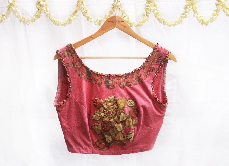 Stretchable Mulberry pink, Hand painted Kalamkari, Applique blouse