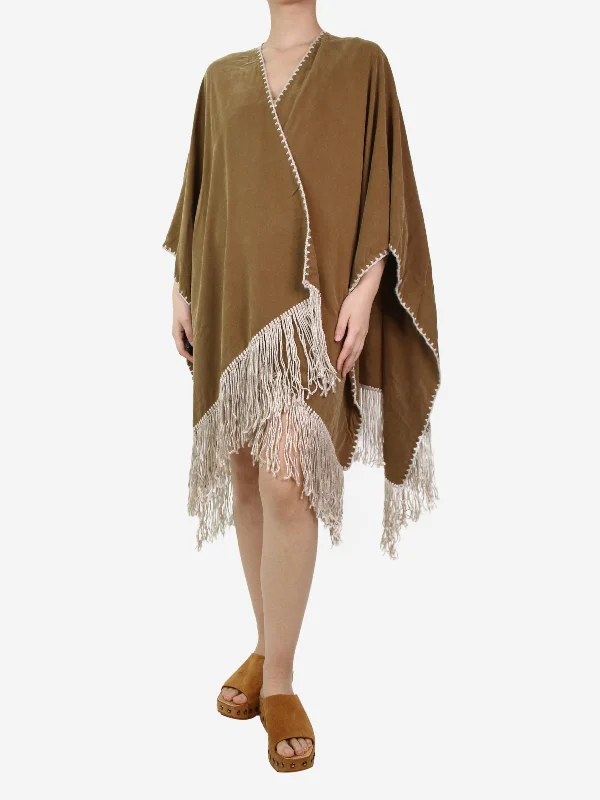 Khaki handmade fringed cape - One Size