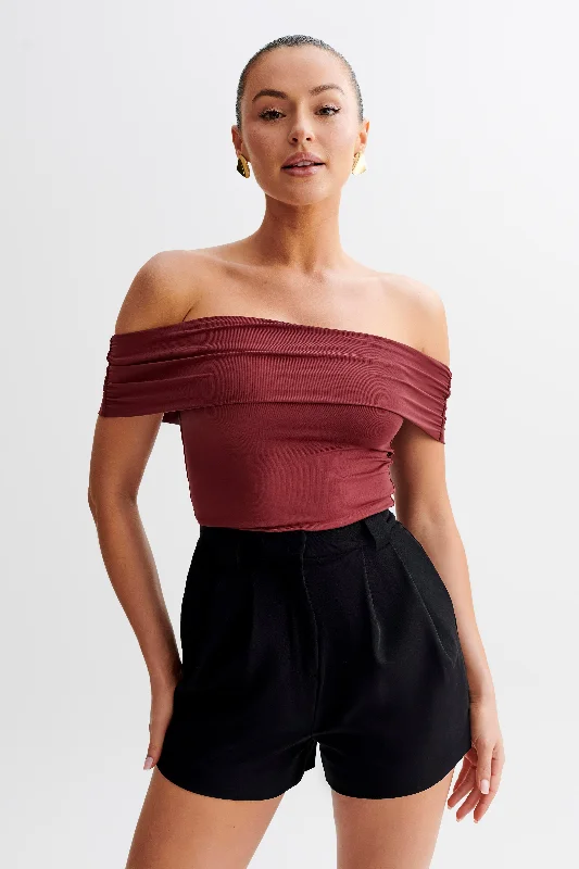 Meena Recycled Nylon Off Shoulder Top - Wine