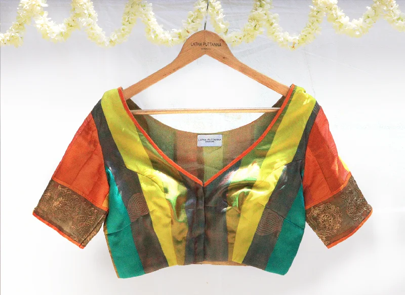 Orange, Lemon yellow and Green, Karnataka silk, Hand Embroidery, Patchwork blouse