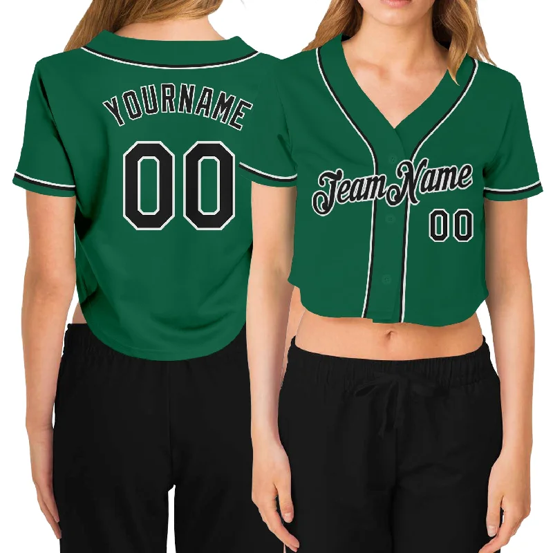 Custom Women's Kelly Green Black-White V-Neck Cropped Baseball Jersey