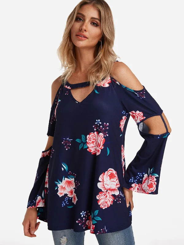 Custom Cold Shoulder Floral Print Cut Out Long Sleeve Top