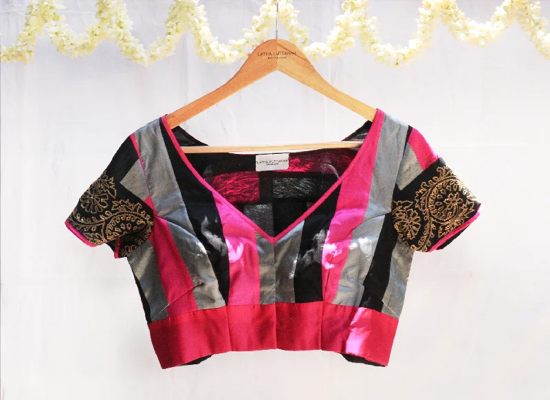 Pink, Grey and Black, Karnataka silk , Hand Embroidery ,Patchwork blouse